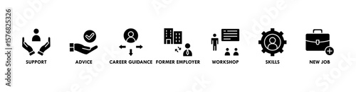 Outplacement banner web icon vector illustration concept with icon of support, advice, career guidance, former employer, workshop, skills, new job, training, and presentation