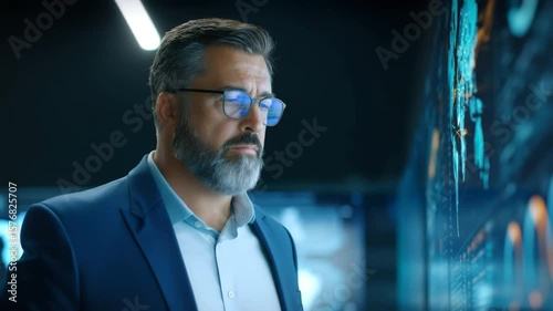 Businessman with beard and glasses analyzing data futuristic digital screen, focused and confident modern office, technology data analysis digital