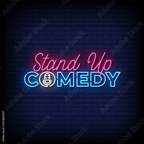 stand up comedy neon sign with brick wall background vector