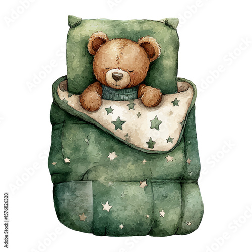 Cute Watercolor Teddy Bear Sleeping in Green Starry Blanket and Pillow, isolated with transparent background