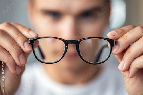 Fingertips adjusting eyeglass frame with concentration, close up of person holding black glasses, selective focus on eyewear, blurred face in background, vision correction concept