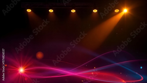 Bright stage spotlights pierce the night, creating an abstract, glowing blue pink wave disco effect with a star-like explosion of colorful light, a magical art illustration