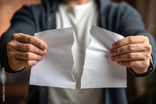 Man tearing paper in half close up symbolizing anger frustration argument conflict stress decision or ending with focus on hands and blank sheet