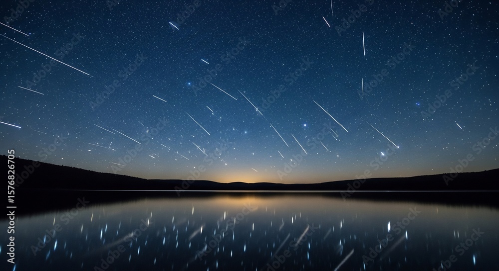 Naklejka premium A stunning night sky displays a meteor shower over a calm, reflective lake.