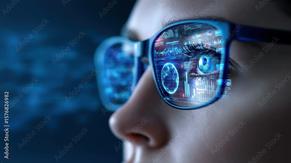 Close up of woman wearing smart glasses with digital interface reflection, futuristic technology innovation and focus, blue data reflection