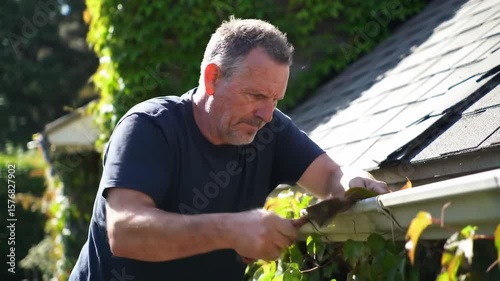 Man cleaning house gutter