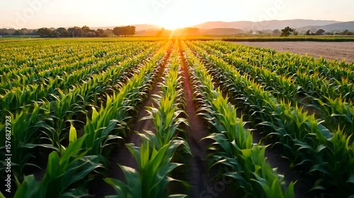 Lush green cornfield at sunset with rows of crops stretching towards the horizon