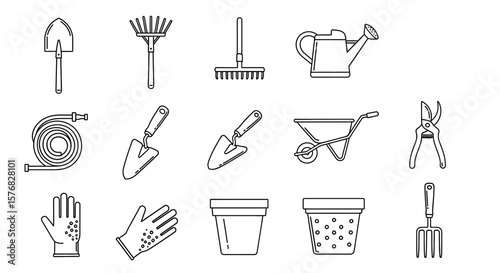 Outline illustration of gardening tools including a shovel, rake, watering can, hose, wheelbarrow, and gloves.