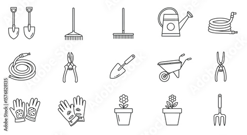 Simple line art illustrations of various gardening tools and equipment.