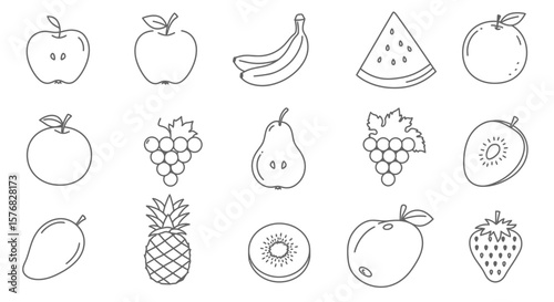 Line art illustration of various fruits including apples, bananas, grapes, watermelon, strawberry, mango, pineapple, kiwi, and pear.