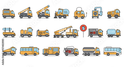 Collection of yellow construction and service vehicles in a flat vector style, arranged in rows on a white background.