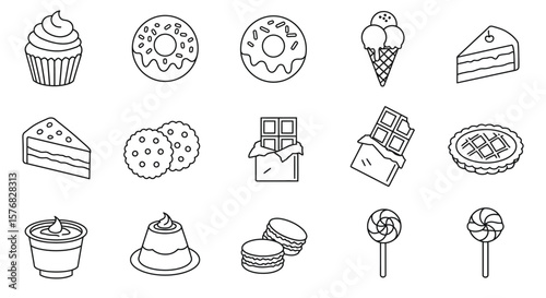 Simple line art icons depicting various sweet treats, including cupcakes, donuts, ice cream, cakes, cookies, and candies.