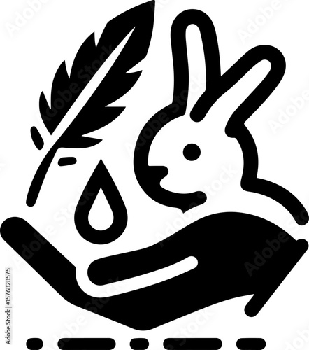 Rabbit with feather and droplet in raised hand silhouette  