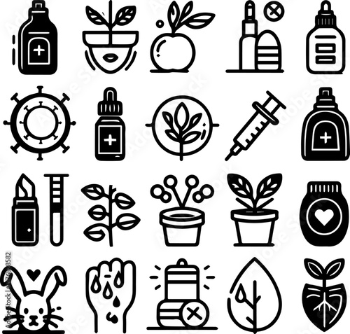 Line art illustrations of health and wellness symbols and items. 