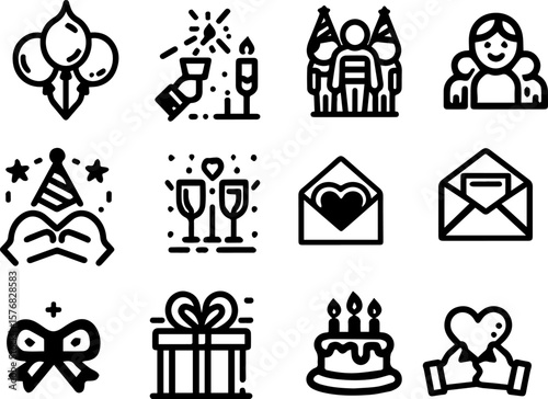 Celebration icons including balloons, cake, and gifts in black line art  
