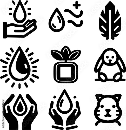 Icons of hands, drops, plants, and animals in black and white design, hypoallergenic,  нcruelty free and dermatologically tested editable stroke outline icons set isolated on white background