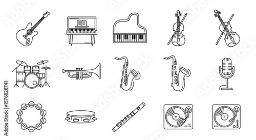 A collection of line-art musical instrument icons, including string, percussion, wind, and keyboard instruments, plus a microphone and record.