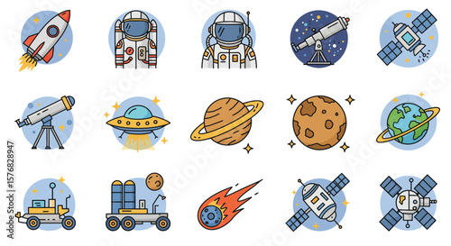 Collection of space-themed icons, featuring rockets, astronauts, planets, and spacecraft.