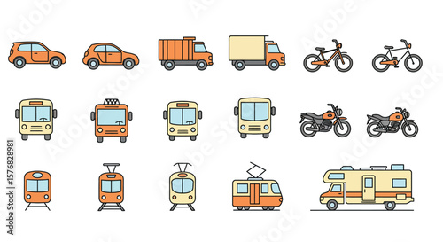 Collection of simple line art icons depicting various modes of transportation, including cars, trucks, bicycles, buses, trains, and motorbikes.
