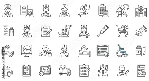 Collection of line art icons representing medical professionals, equipment, and healthcare services.