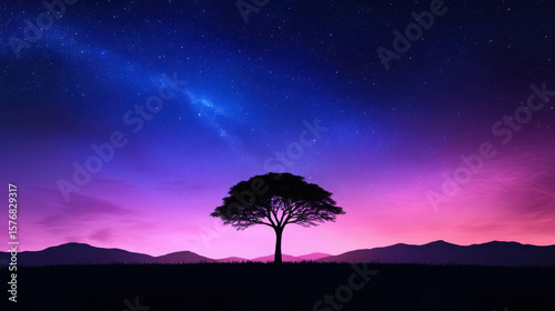 Majestic Lone Tree Silhouette Against Vibrant Night Sky with Stars and Colorful Horizon at Dusk Over Peaceful Landscape