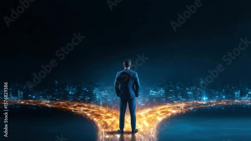 Businessman at digital glowing crossroads in city at night, making decisions and choices for future technology, innovation, opportunity, and ambition