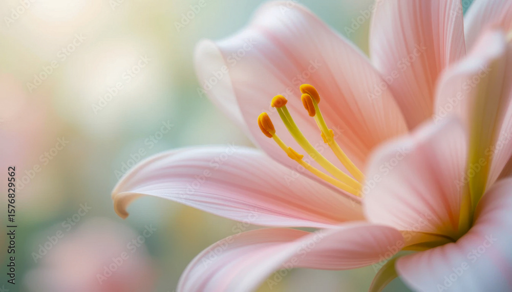 Fototapeta premium Close-up of a pale pink lily, showcasing its soft petals and vibrant yellow stamen. The blurred background enhances the flower's delicate beauty.
