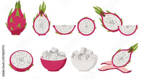 Dragon Fruit Vector Set: Whole, Sliced, and Cubed