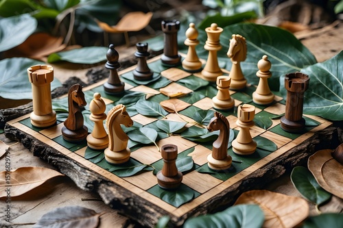A close-up of old black and white chess pieces on a chessboard, ready for a game of strategy
