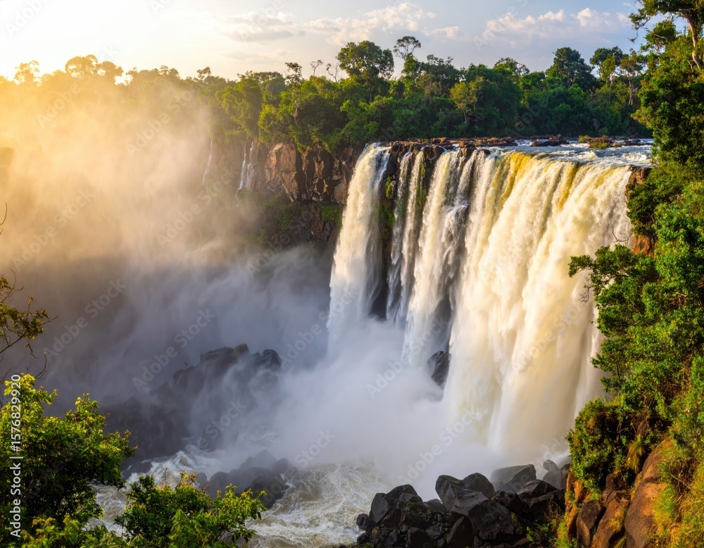 Fototapeta premium Majestic waterfall cascading down rocky cliffs, lush vegetation surrounding