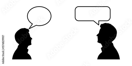 Set of Male Silhouettes with Speech Bubbles, Communication and Thought Concepts. A collection of four black male head silhouettes in profile, each paired with a different style of blank speech.