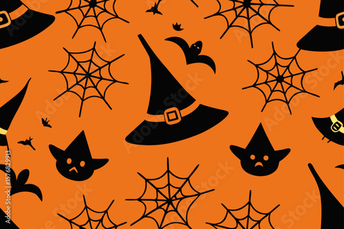 Spooky Seamless Vector Pattern Witch Hats and Skulls