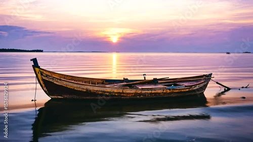 Serene sunset over a calm lake with a rustic boat floating peacefully, reflecting colors