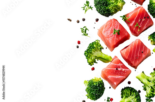 Fresh tuna steak with broccoli florets and spices arranged on a black background