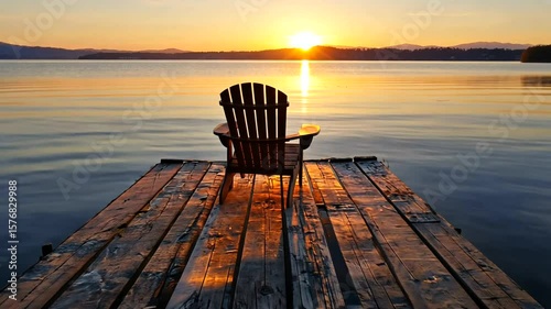 Serene sunset at a lakeside pier with an empty chair overlooking calm waters and distant hills