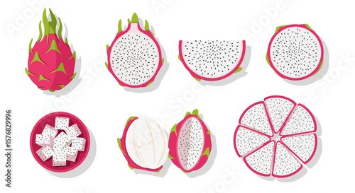 Dragon Fruit Vector Set: Whole, Halved, and Sliced