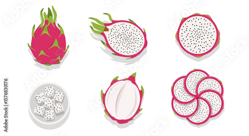 Dragon Fruit Composition: Whole, Halved and Sliced