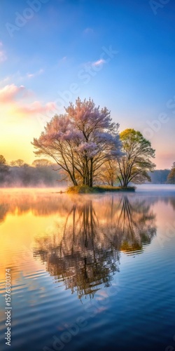 Wallpaper Mural A serene lake at dawn with misty fog rising from the water's surface and surrounded by tall trees in full bloom Torontodigital.ca