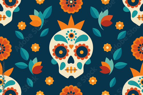 Dia de los Muertos Seamless Vector Pattern Sugar Skull