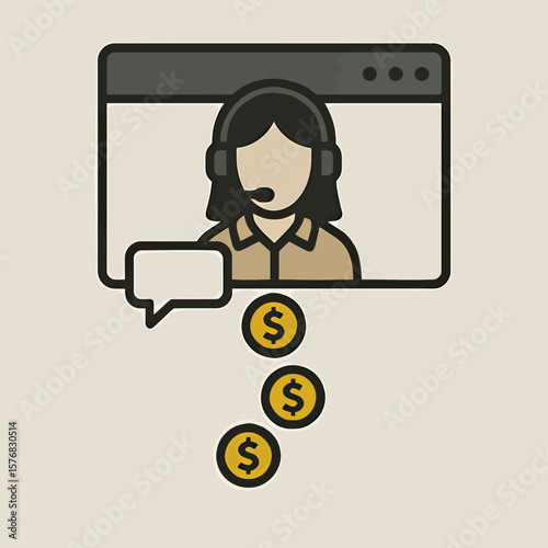 Illustration of a woman in customer service providing chat support and generating sales revenue represented by falling coins.
