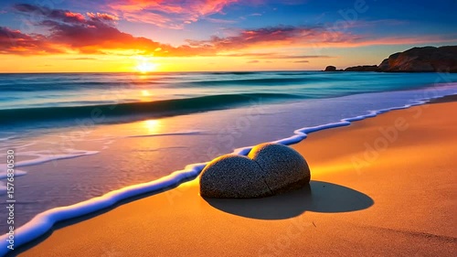 Serene sunset over a tranquil beach with a heart-shaped stone on the golden sand