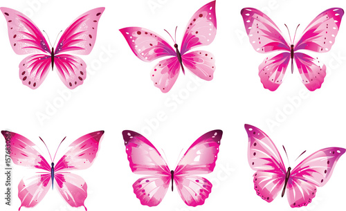 Beautiful pink watercolor style butterflies on a white background