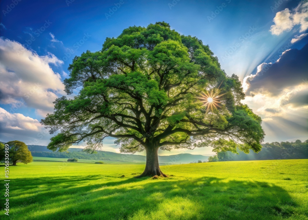 Obraz premium A majestic oak tree stands alone on a lush green grassy field in spring