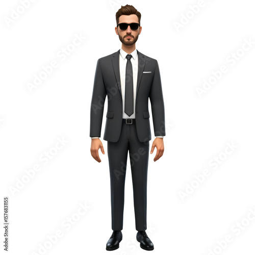 3D Render of a Stylish Man with Beard in Gray Suit and Sunglasses, AI Generated