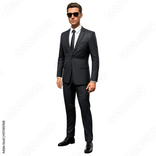 Confident Businessman in Dark Suit and Sunglasses, Full Length Portrait, AI Generated