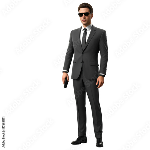 Man in Gray Suit and Sunglasses Holding a Phone, Secret Agent Style, AI Generated