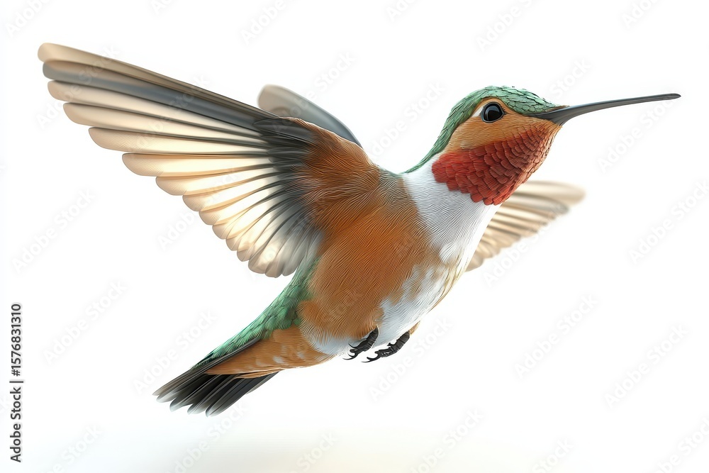 Obraz premium Hummingbird hovering mid-air 3d cartoon character on white background