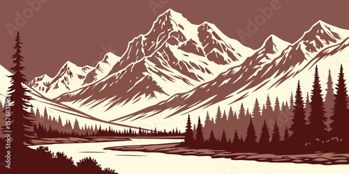  Mountain winter landscape perfect, unique  view for natural 3D wallpapers in red background vector illustration