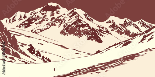 Mountain winter landscape perfect, unique  view for natural 3D wallpapers in red white background vector illustration