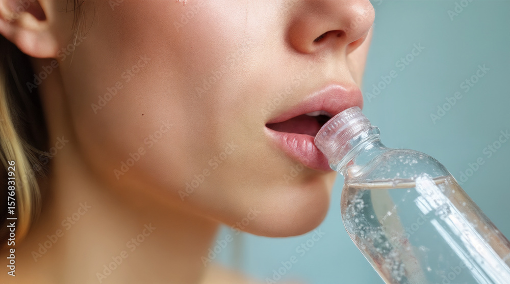 Young woman drinking water from plastic bottle close-up Young woman drinking water from plastic bottle close-up